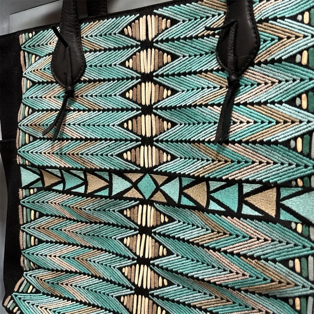 Lucky Brand embroidered canvas leather trim tote bag - Picture 3 of 10